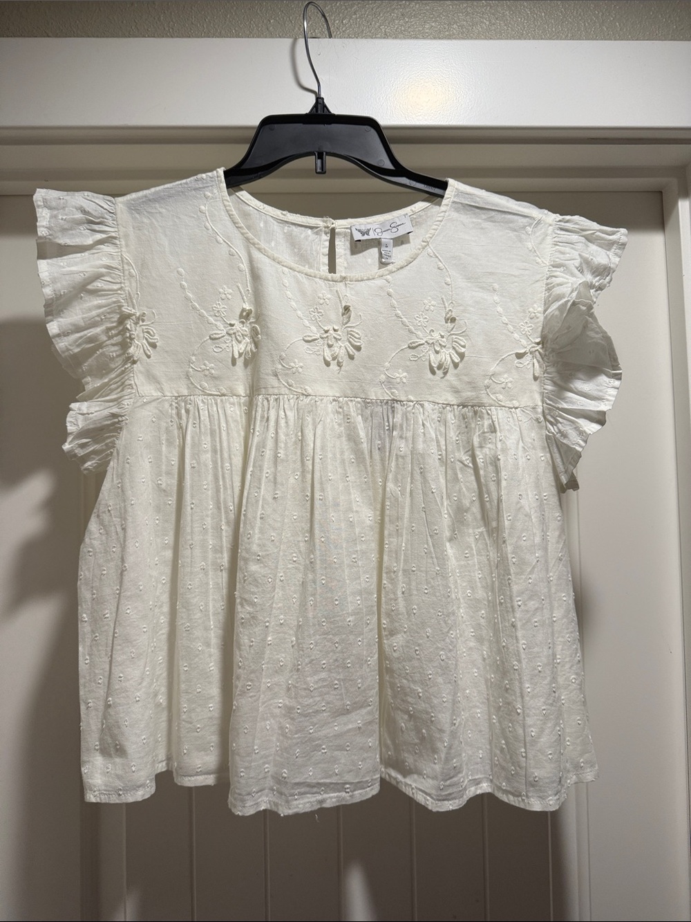 Jessica Simpson Soft White Embroidered Ruffle Sleeve Peplum Top